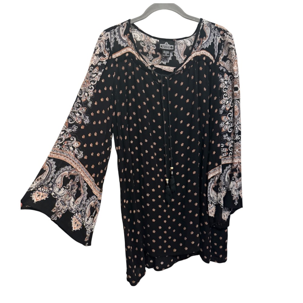 Angie Boho Blouse Women's Size Large Black Floral Tassel Whimsigoth Festival Top - Picture 1 of 9